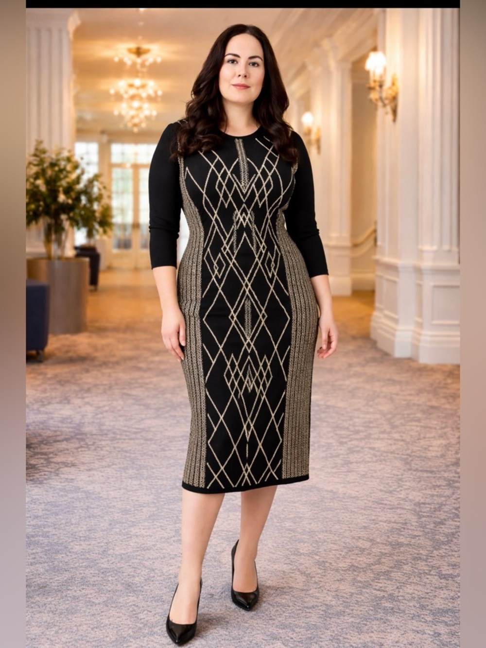 Allison Brittney Black and Tan Long Sleeve Sweater Dress Small